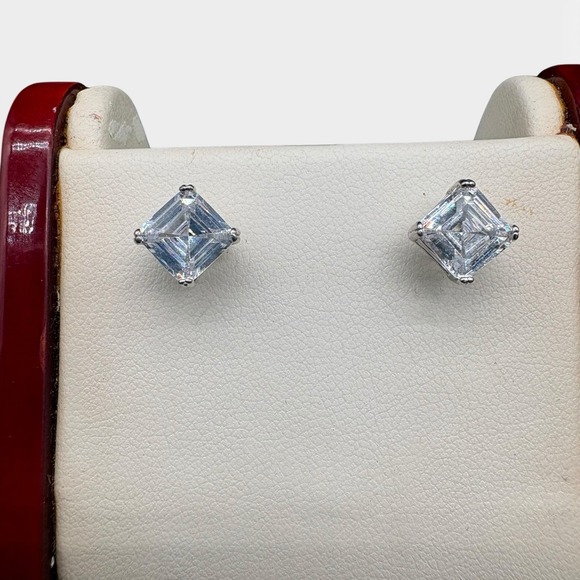 Sterling Silver 925 Asscher Cut Cubic Zirconia Square Stud Earrings CZ Vtg - Picture 2 of 6